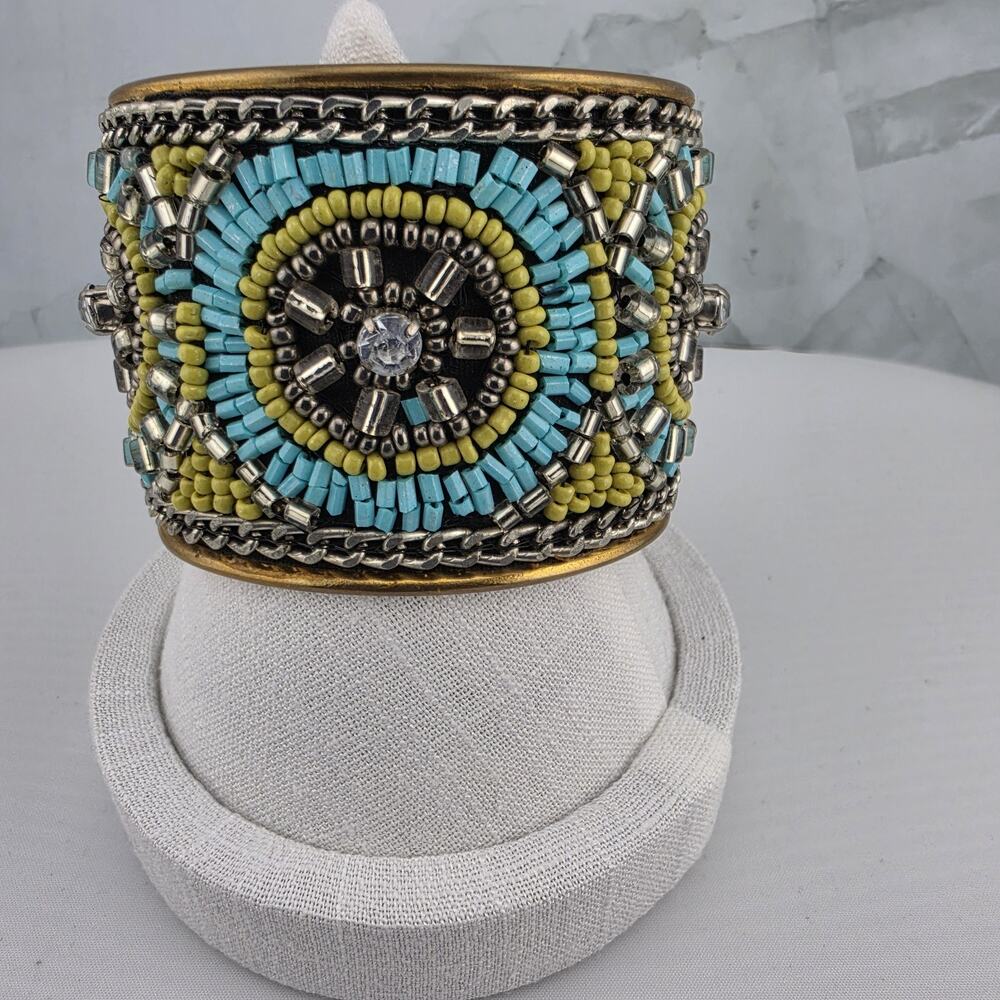 Plunder Design Boho Beaded Wide Cuff Bracelet — Turquoise & Citron